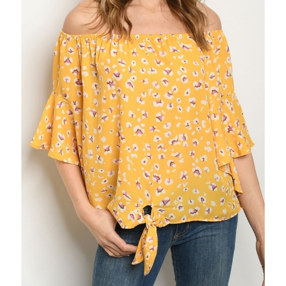 yellow chiffon disty floral off the shoulder butterfly sleeves tie front top